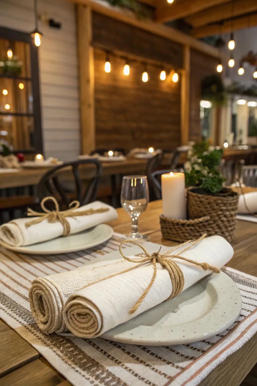 Twine-fastened fabrics deliver a cozy, countryside charm to your table.