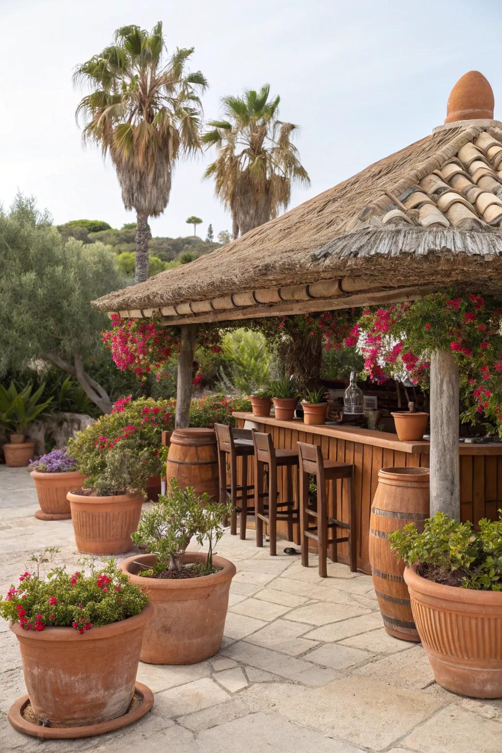 Ceramic roofs deliver Mediterranean refinement to your tiki bar.