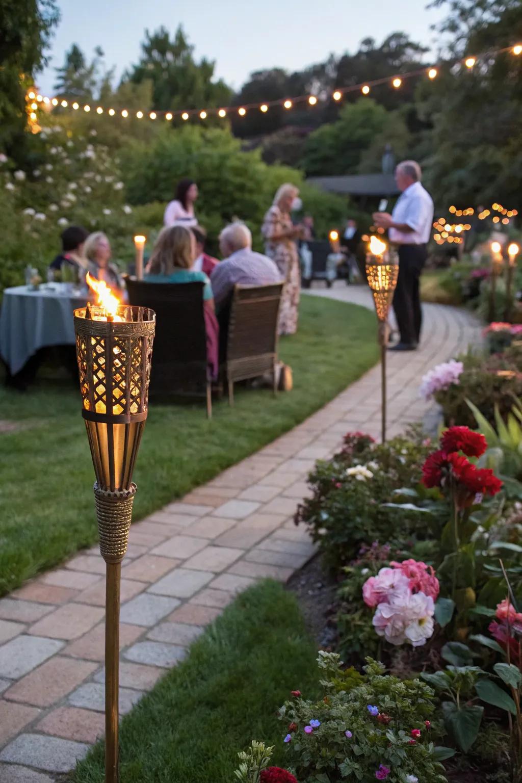 Impart glamour to your garden soiree with shimmering flame posts.