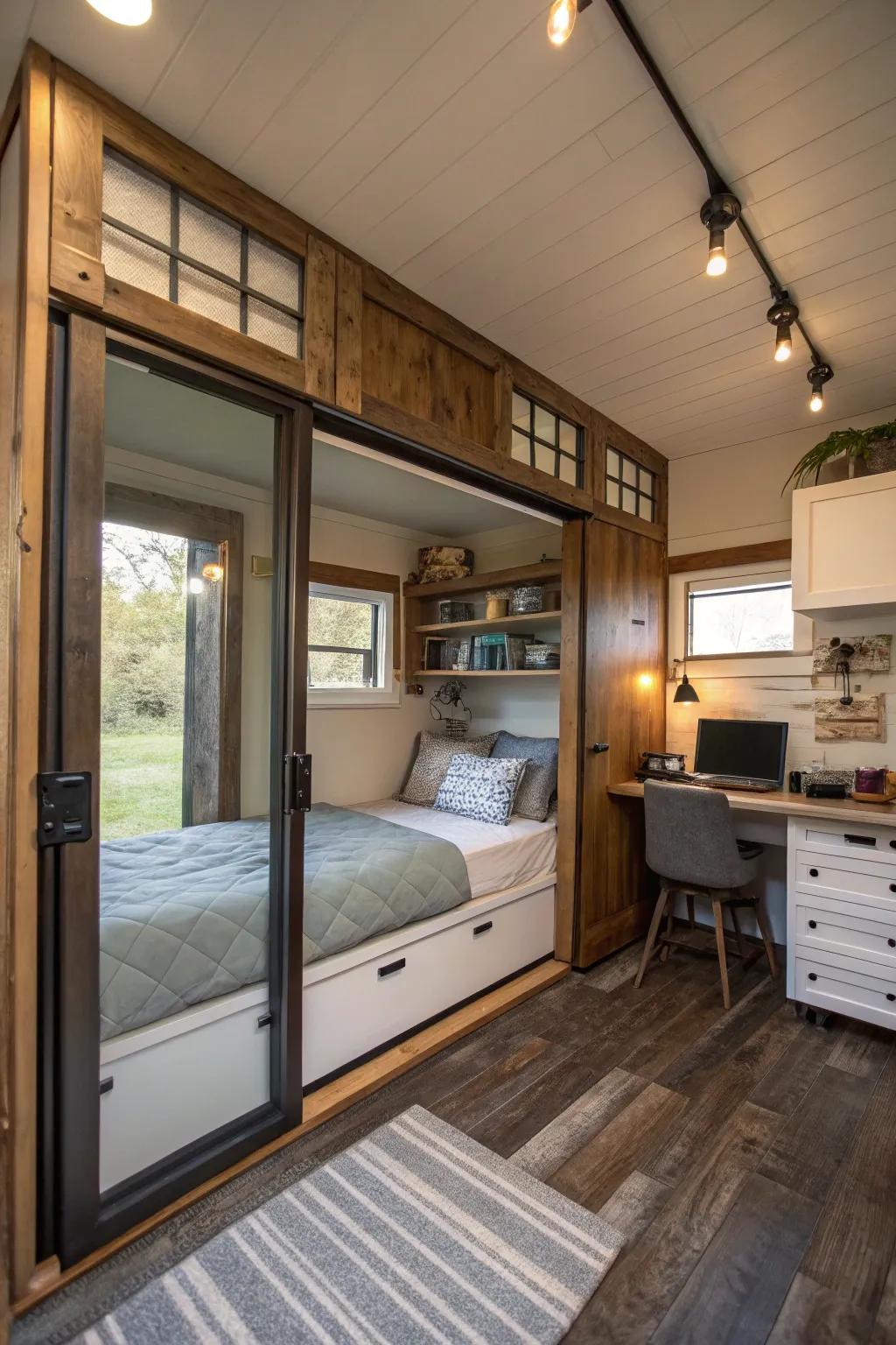 Sliding doors saving space in the small bedroom.