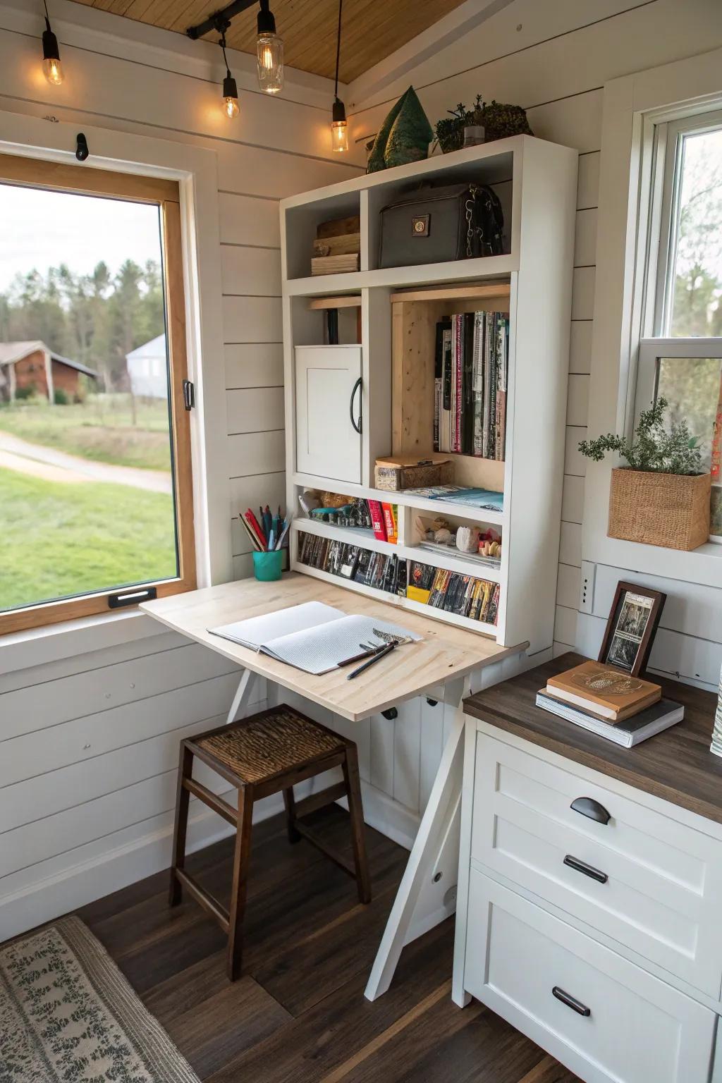 Collapsible furniture and roll-out shelves for flexible tiny house workspaces