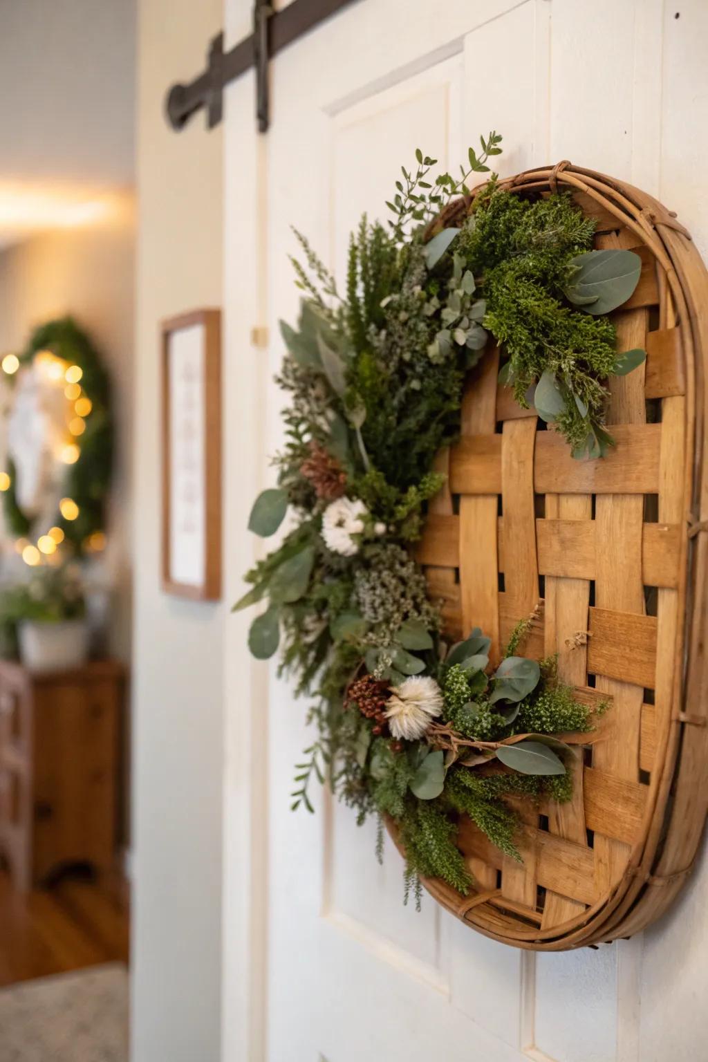 Enhance your wreath with a woven platter setting.