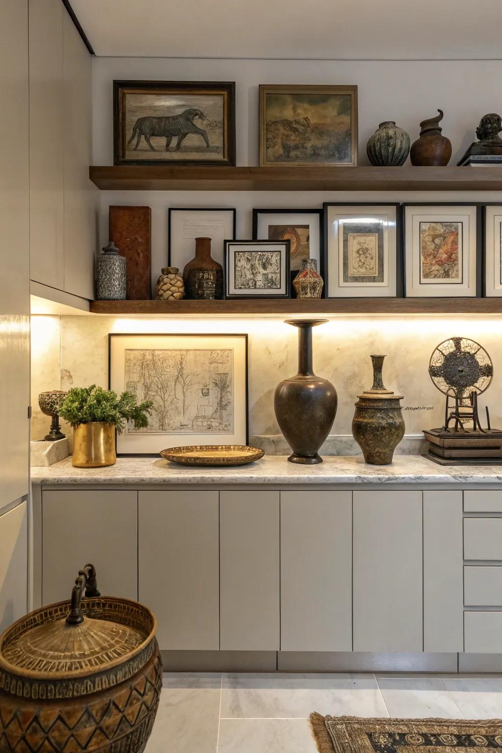 Embrace an eclectic style with a mix of decor above your cabinets.