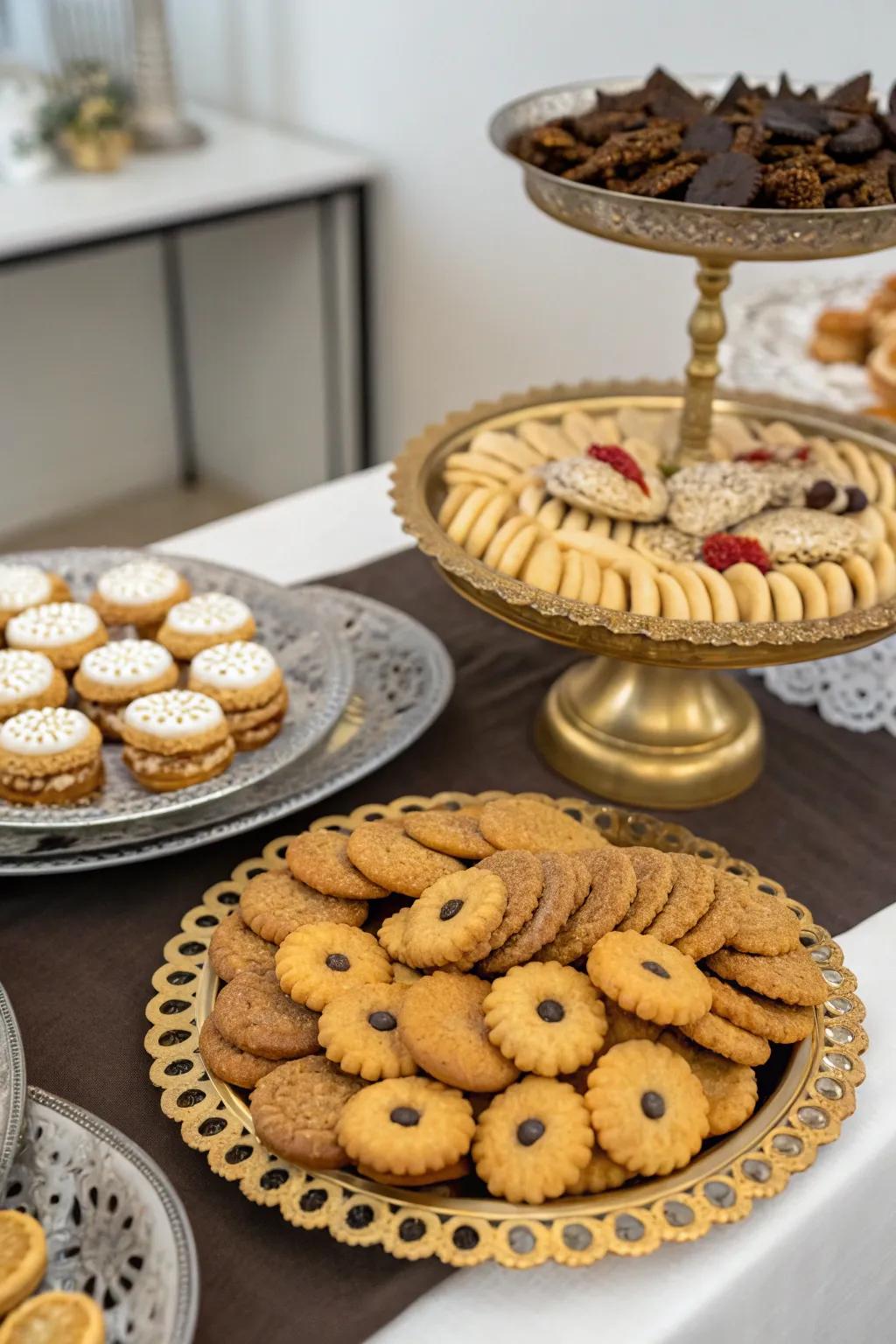 Cookie assortment displayed on elegant platters.
