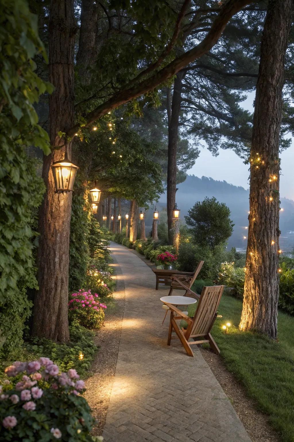 Tree illumination exquisitely elevates garden routes.