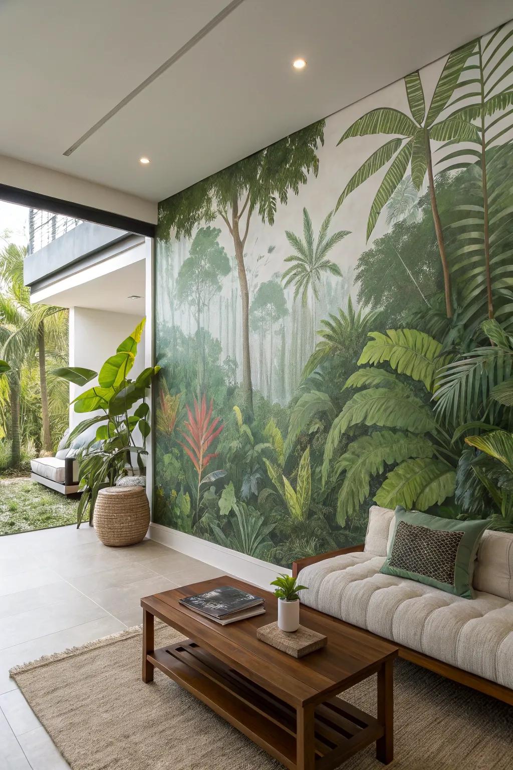 A tropical wall painting changes the area into a lush jungle.