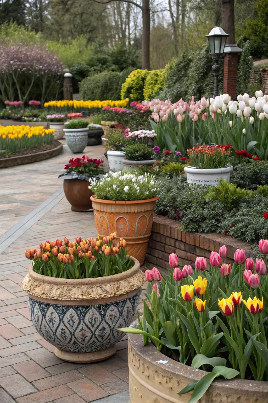 Bloom in every spot: Tulips thriving in movable pots.