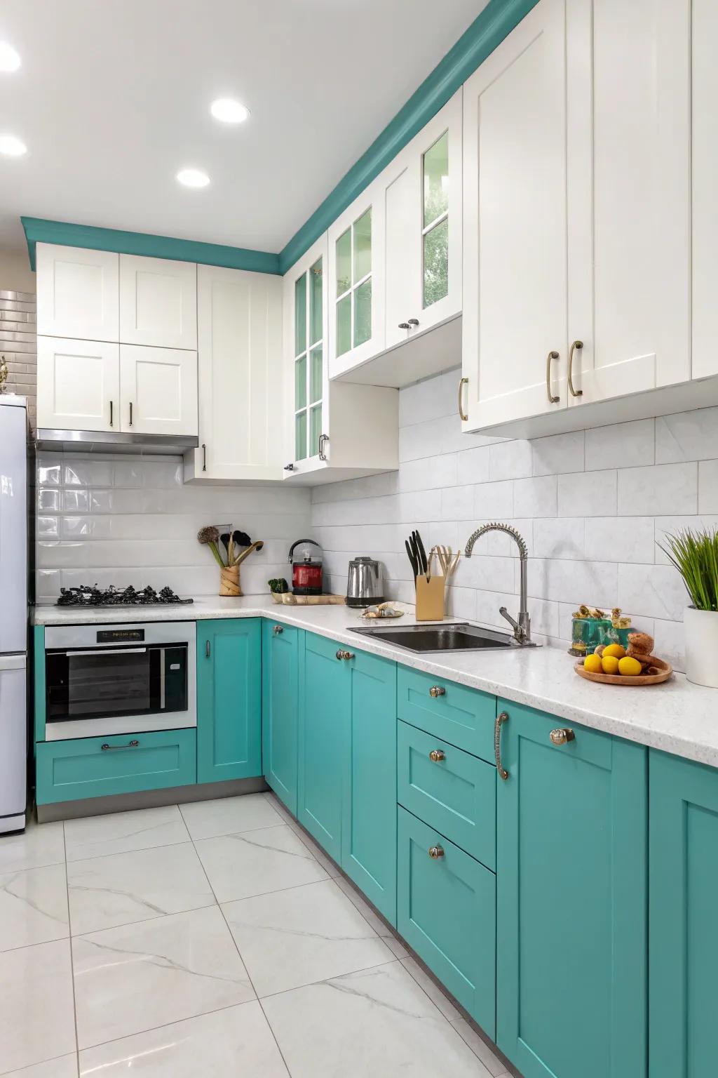 Dual-tone design adding depth to turquoise kitchen cabinets.
