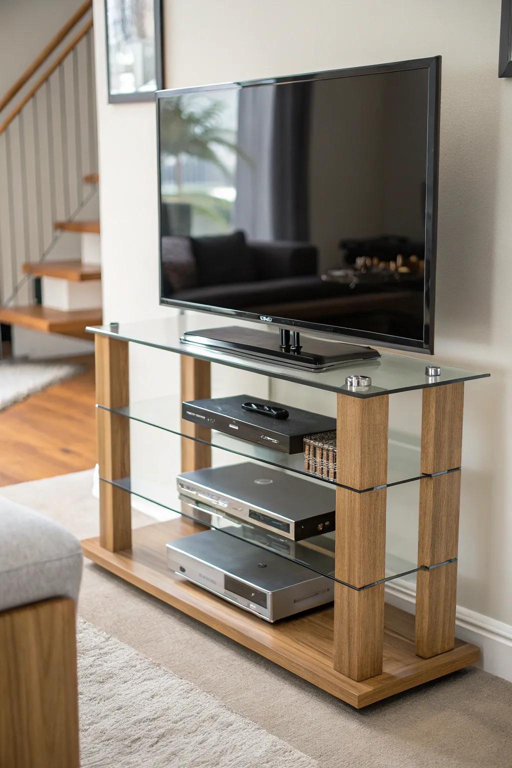 Elevated stands present concealed storage opportunities underneath.