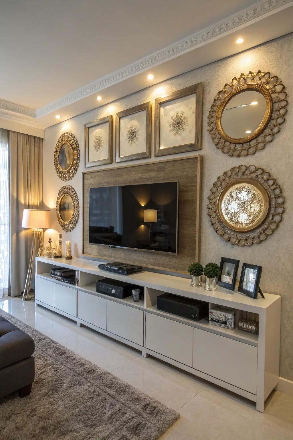 Mirrors infuse this TV wall with depth and transparency.