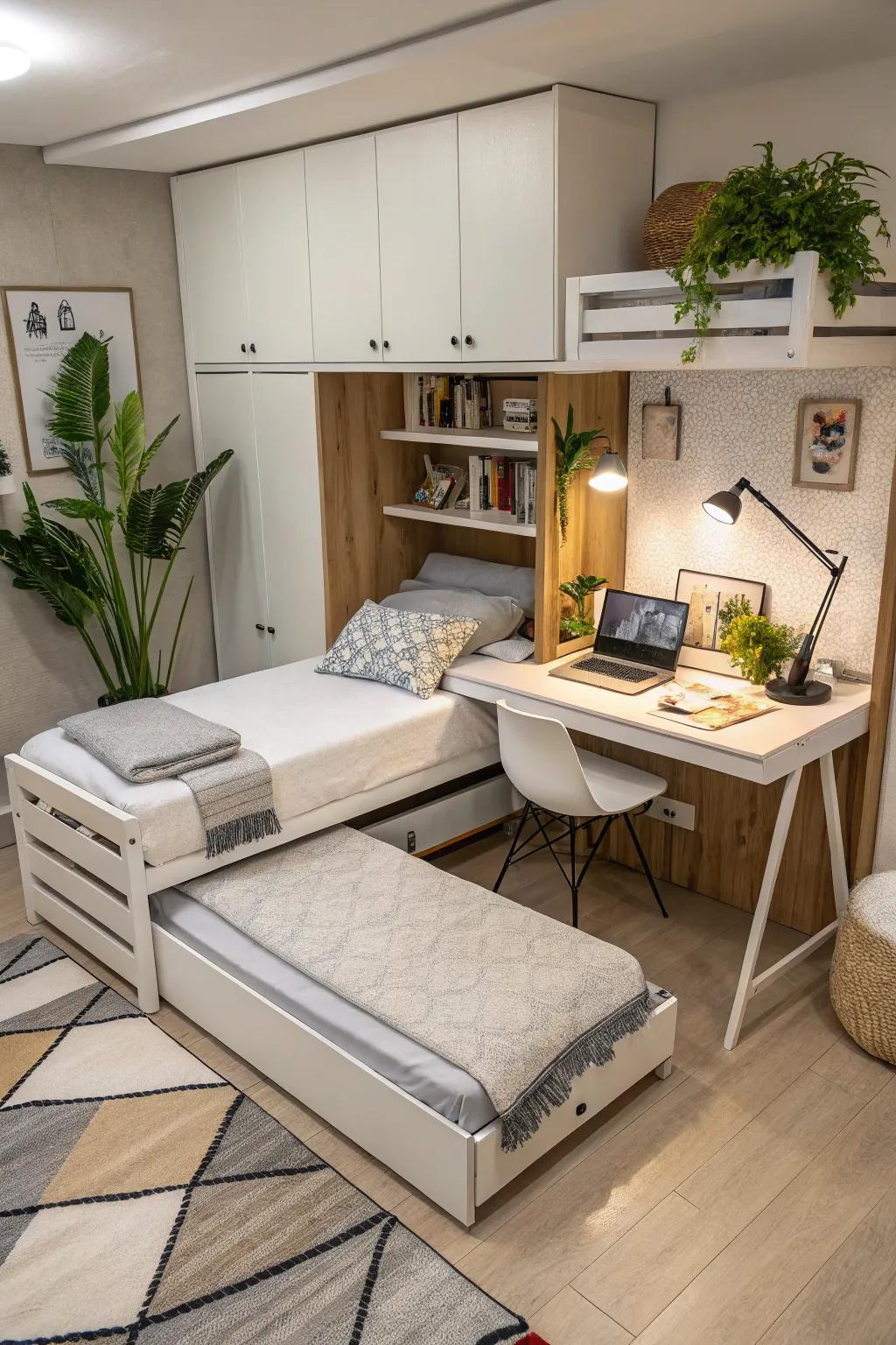 Adaptable furniture maximizes efficiency in twin bed rooms.