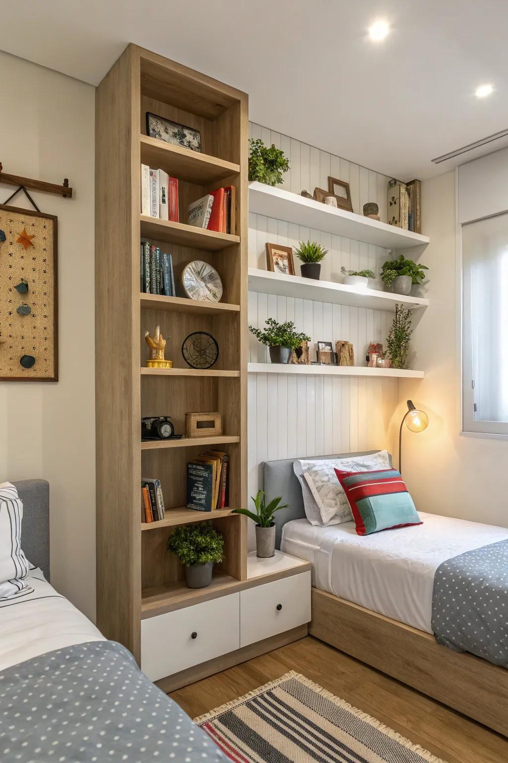 In the shared room, vertical shelving maximizes storage.