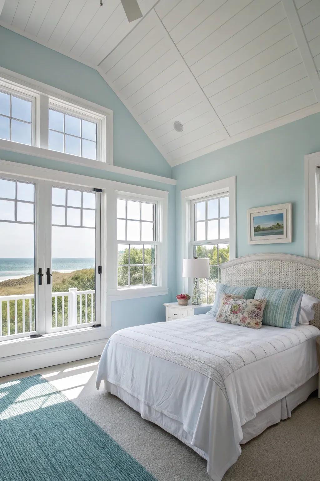 An airy bedroom featuring azure and white walls, reminiscent of a clear sky.