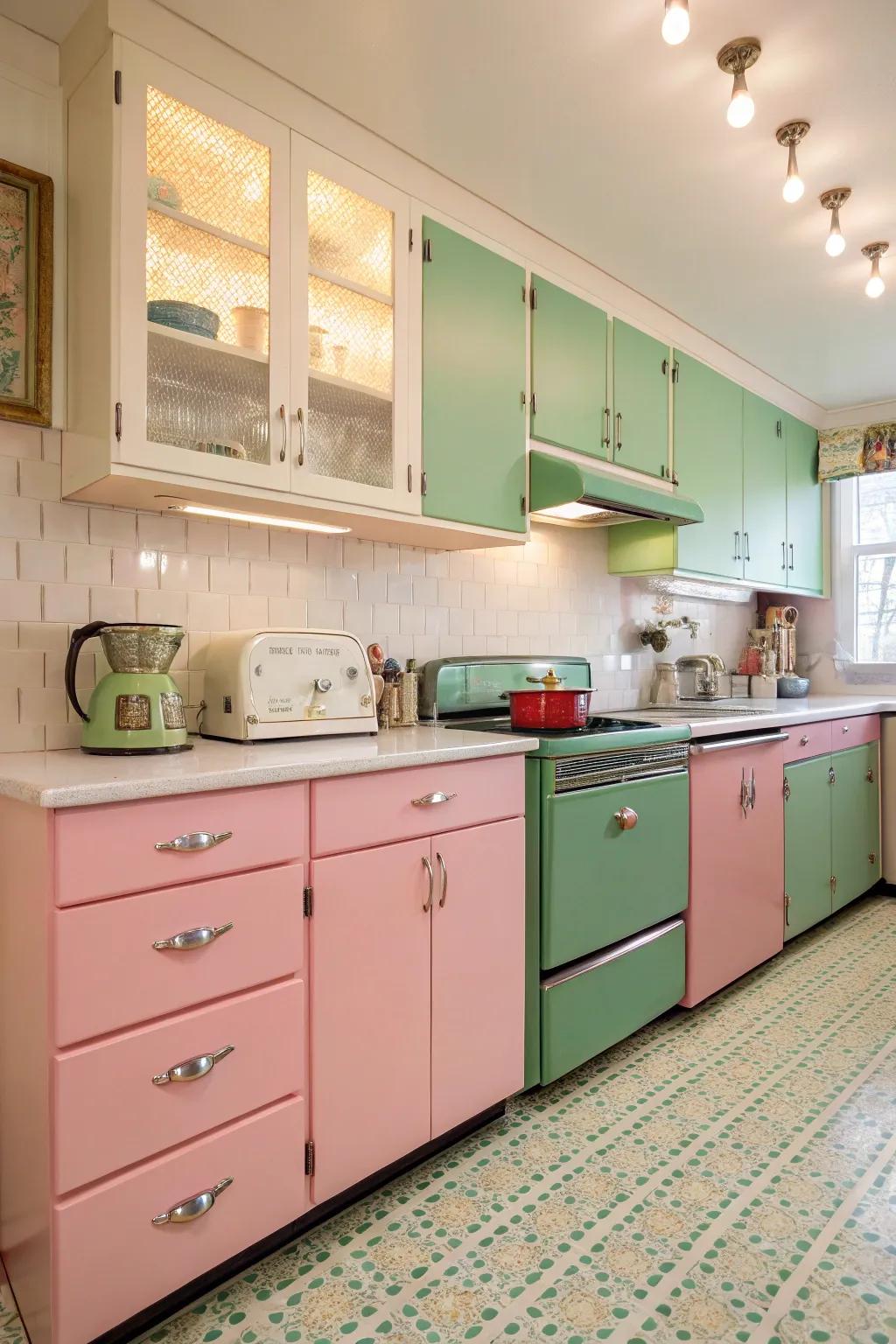A playful rose and verdant kitchen with a retro charm.