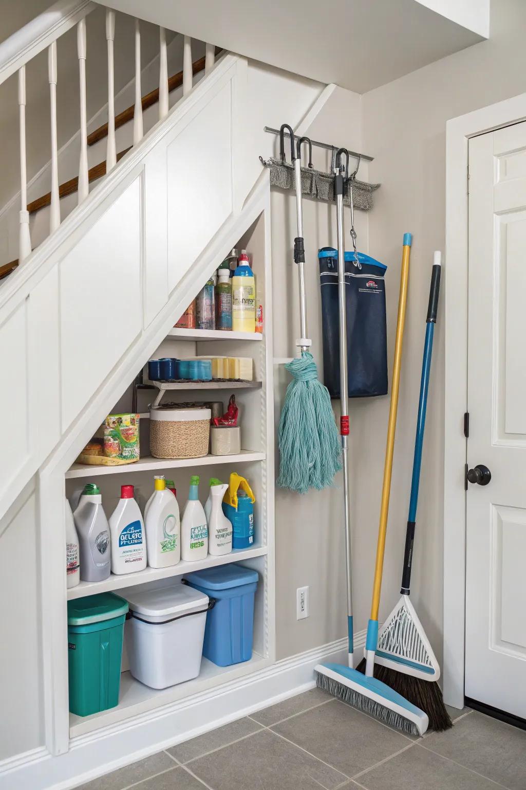 A neatly organized cleaning supply closet beneath the staircase.