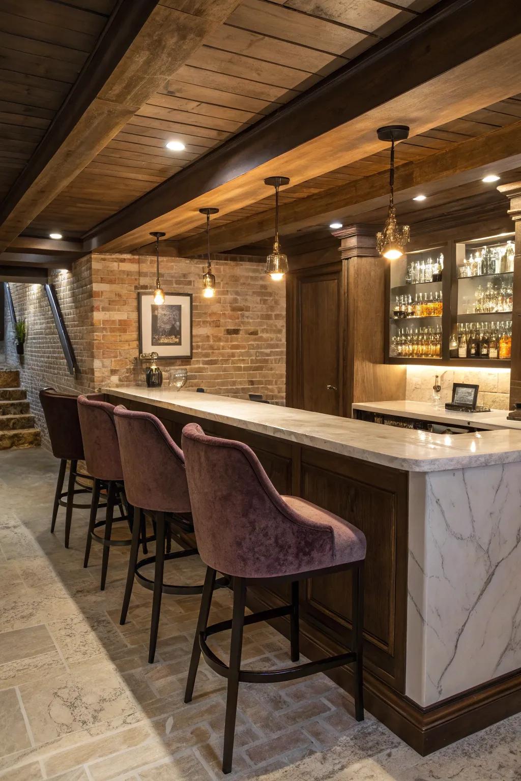 Glamorous accents heighten the style of a basement bar.