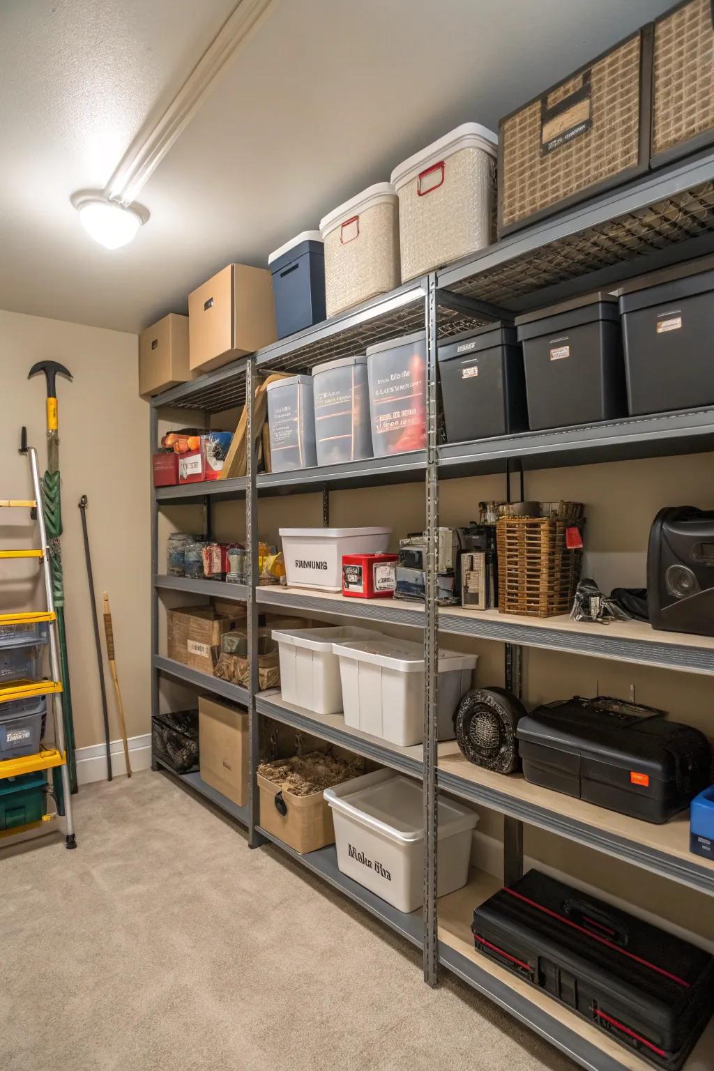 Movable shelving provides flexible storage solutions.