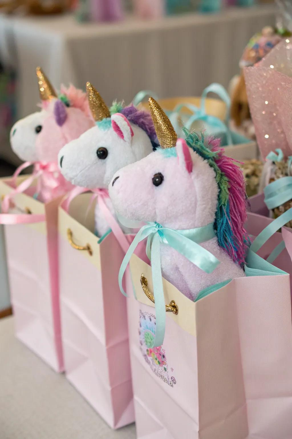 Adorable unicorn plush toys in favor sacks.