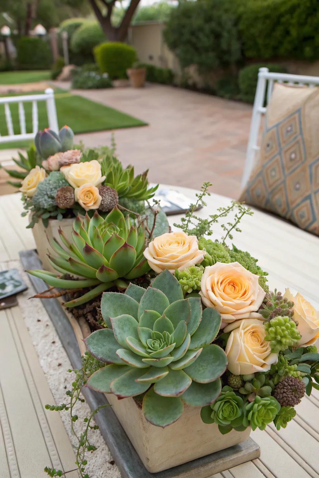 A modern mix of succulents and flowers.