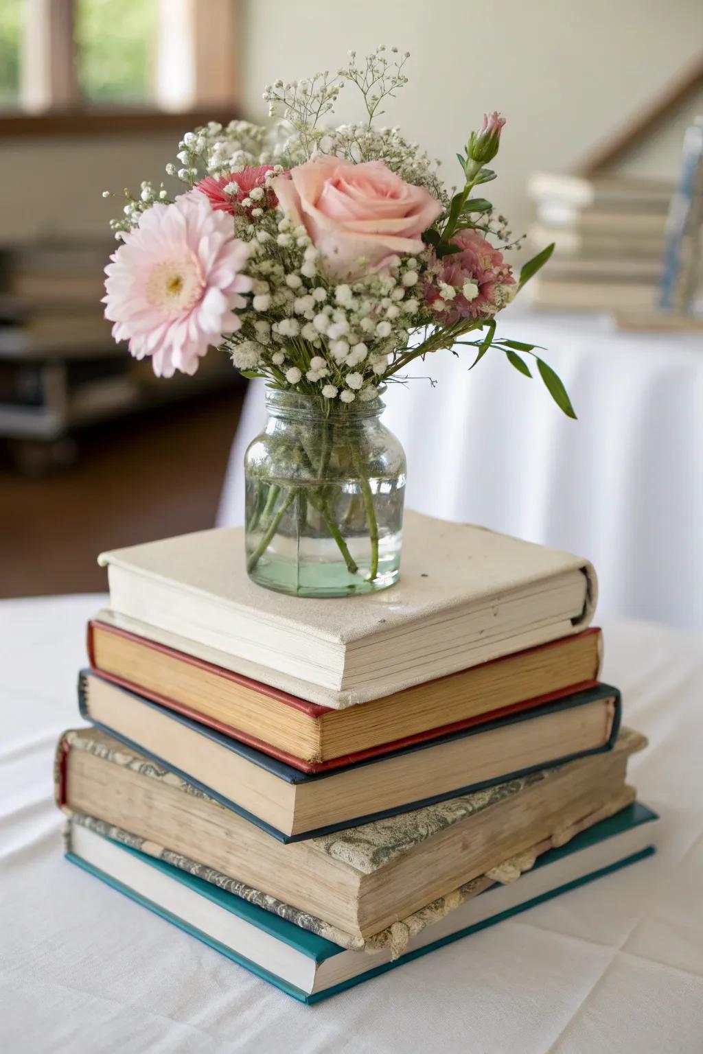 Literary romance is celebrated in a book-themed centerpiece.