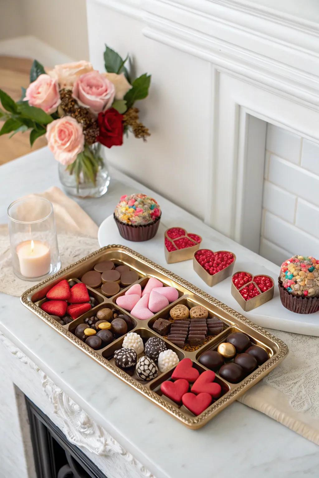A tempting display of Valentine's goodies on the mantel.