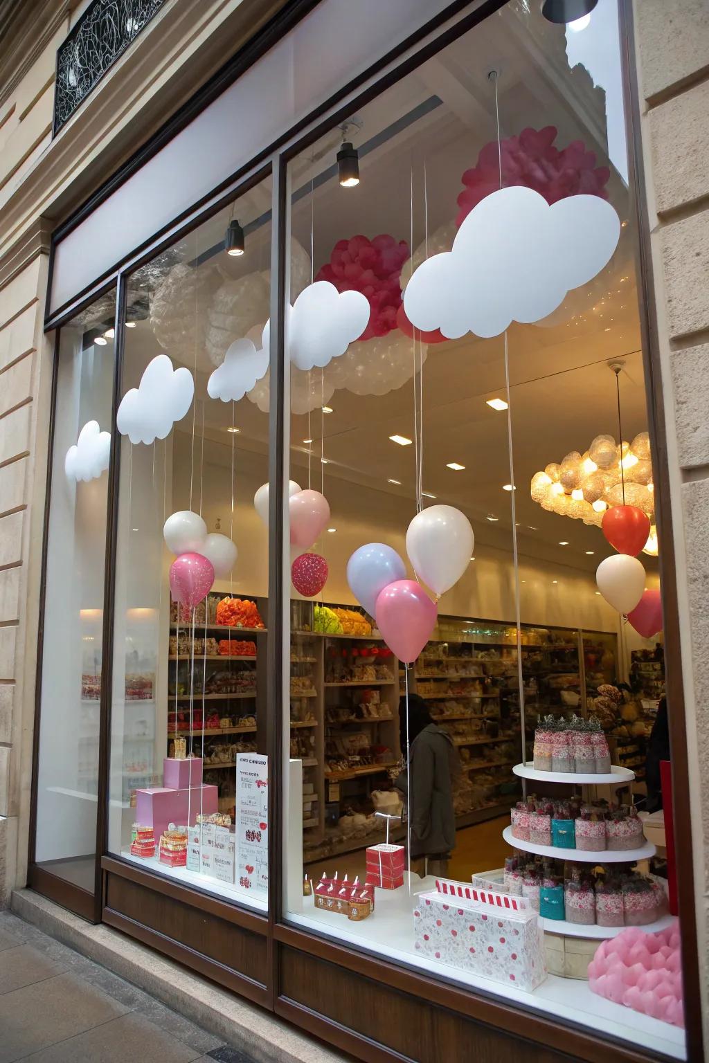 A whimsical display featuring floating ornaments, encapsulating the essence of love in the air.
