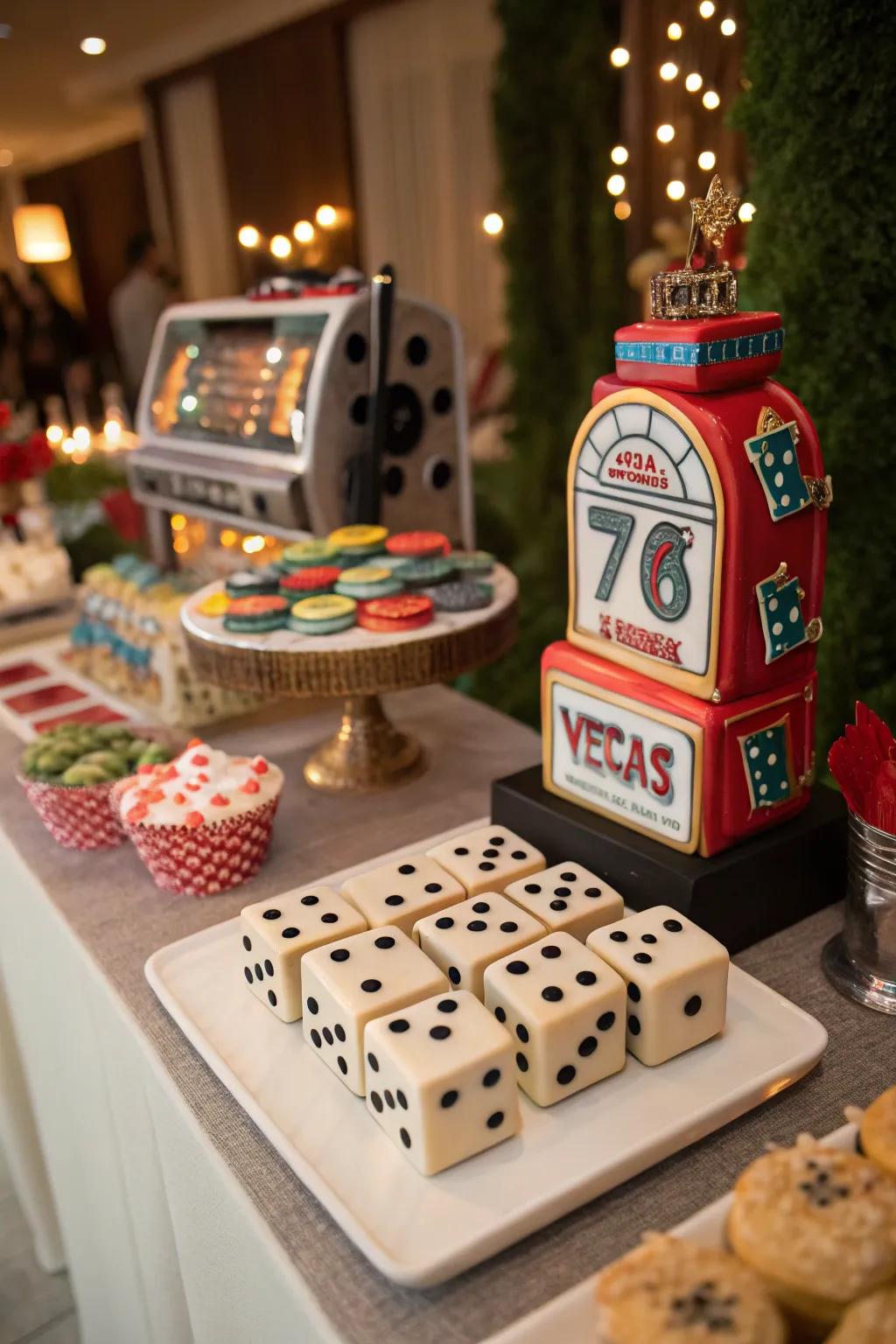 A themed dessert table is a delightful addition to your Vegas party.