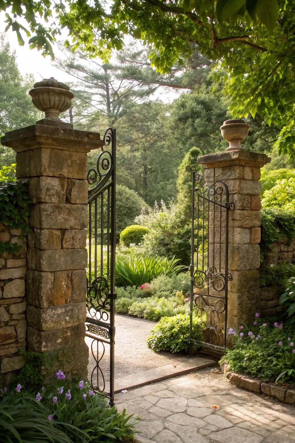 Stone pillars amplifying the grandeur of the garden's welcome.