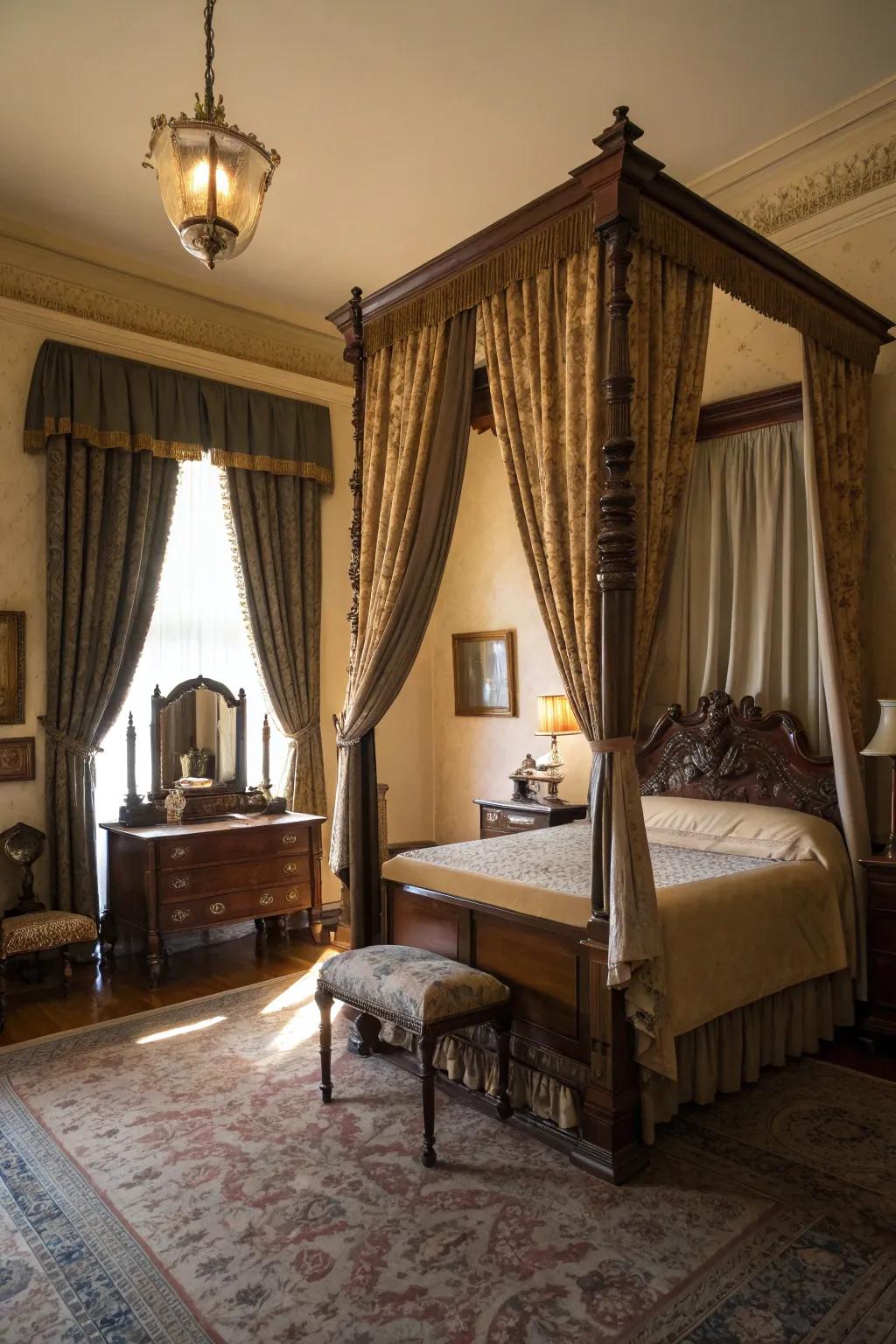 Heavy curtains contribute drama and Victorian splendor to the room.