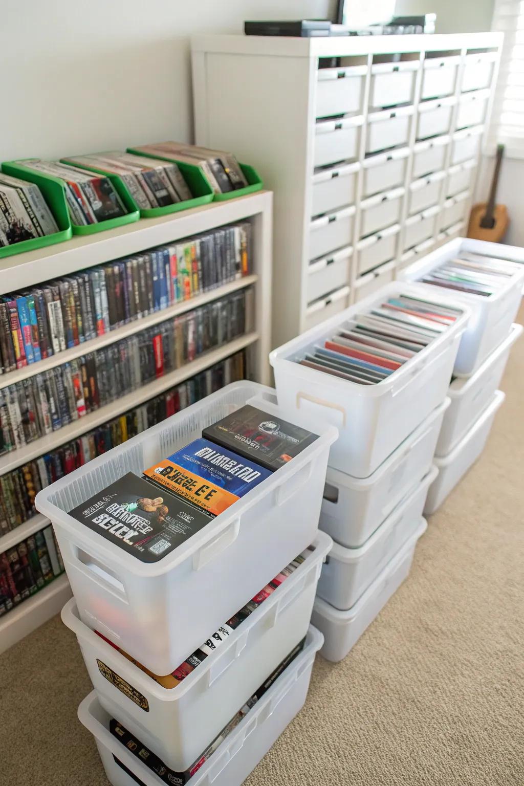 Stackable containers offering adaptable video game archiving solutions.