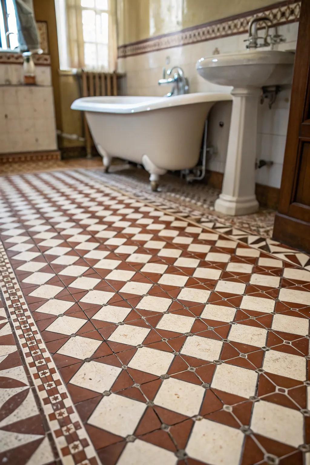 A chessboard motif introduces a traditional detail to vintage tiles.