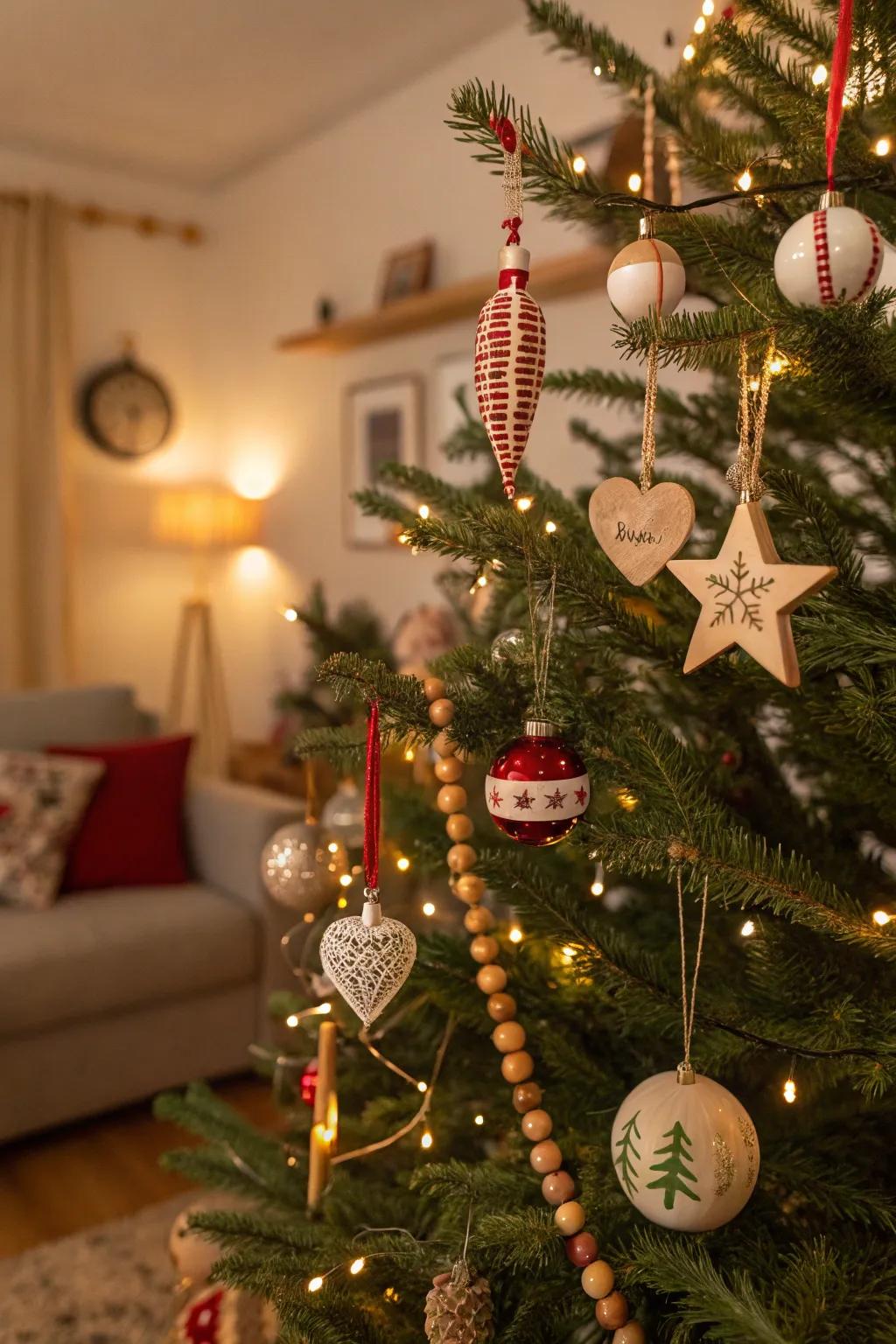 Self-made ornaments contribute a personal accent to this tree.