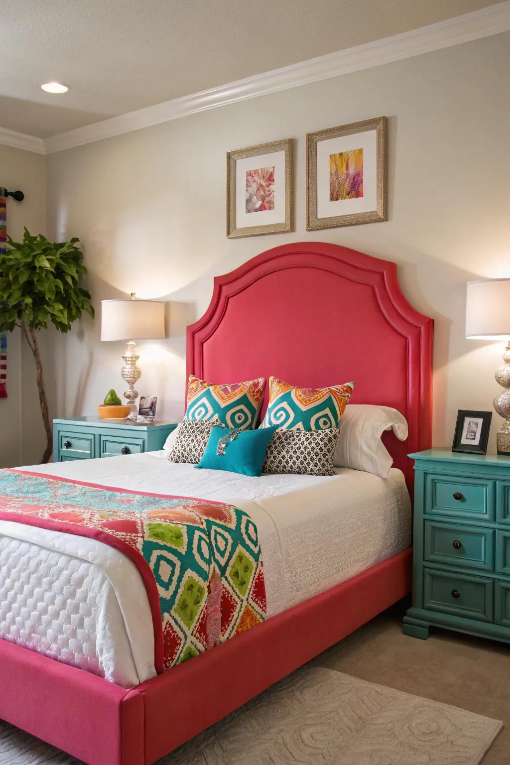 Vivid paints revitalize a headboard, transforming your space with expressive charm.