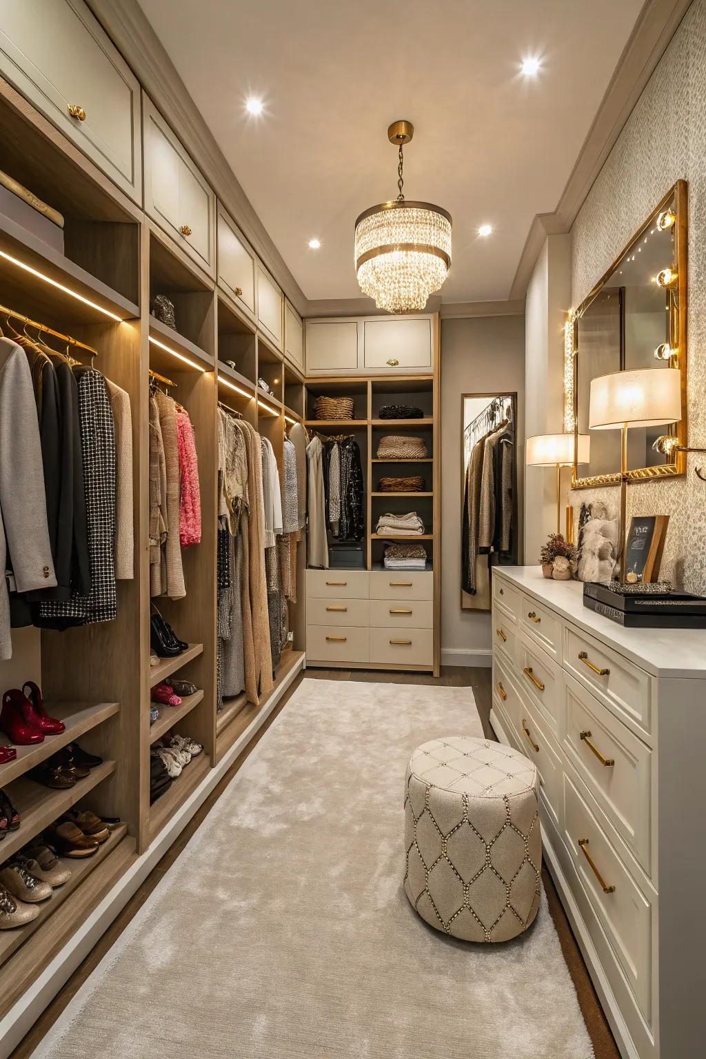 A boutique-styled walk-in closet ornamented through sophisticated decoration and lighting.