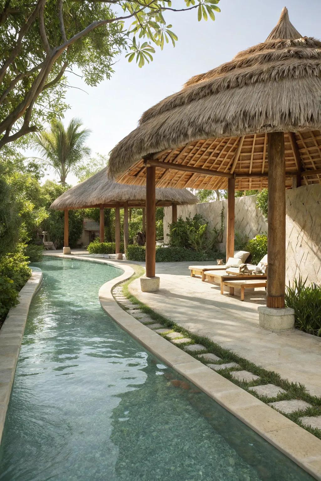Thatched shade structures deliver both style and comfort, perfect for unwinding by the pool.