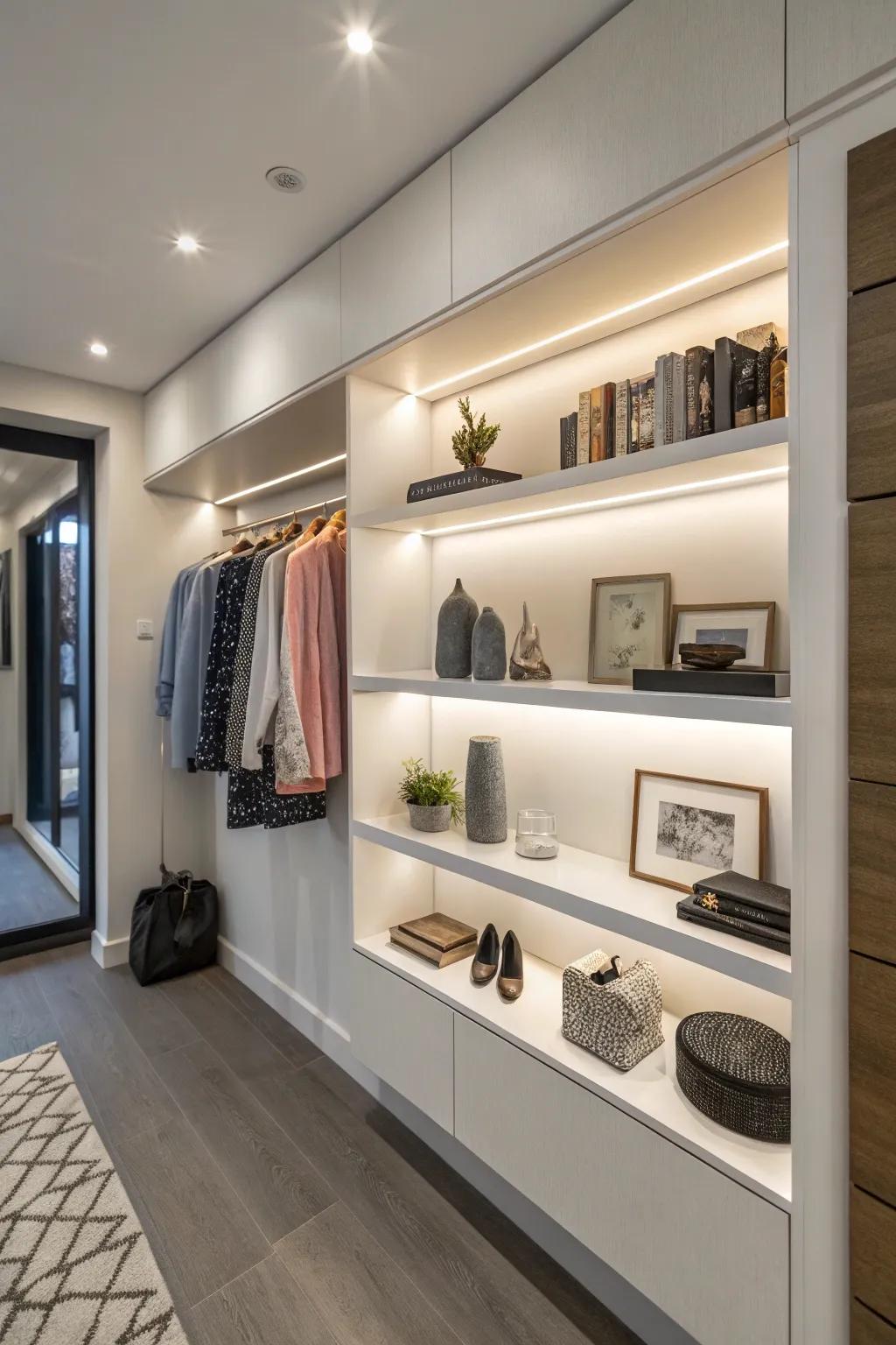 Elevated shelves give a contemporary ambiance to wall closets.