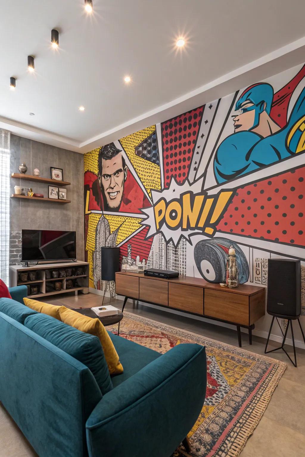 Introduce vigor and reminiscence by using a vibrant retro modern mural.