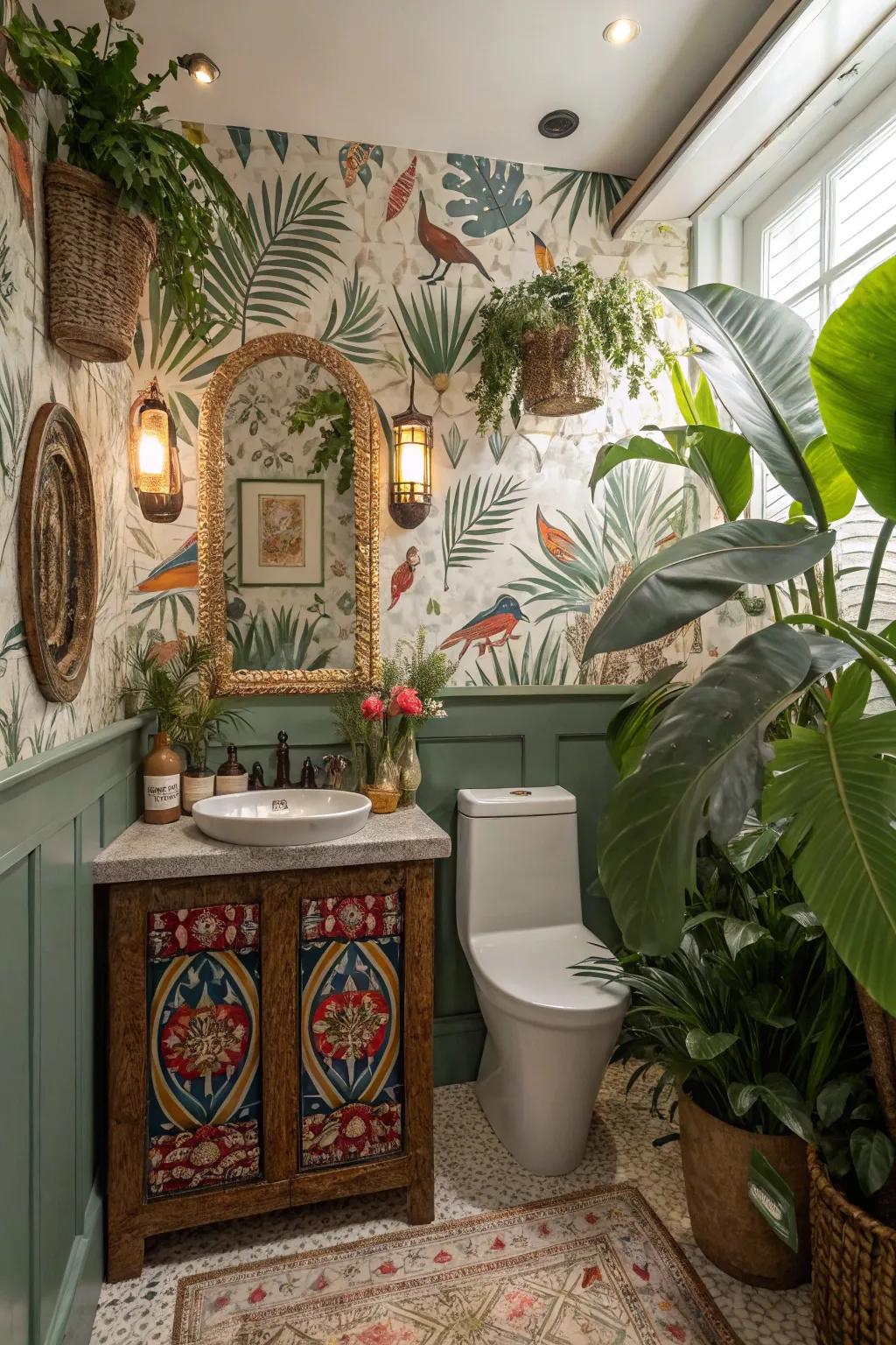 Tropical wallpaper turns a bathroom into a refreshing escape.