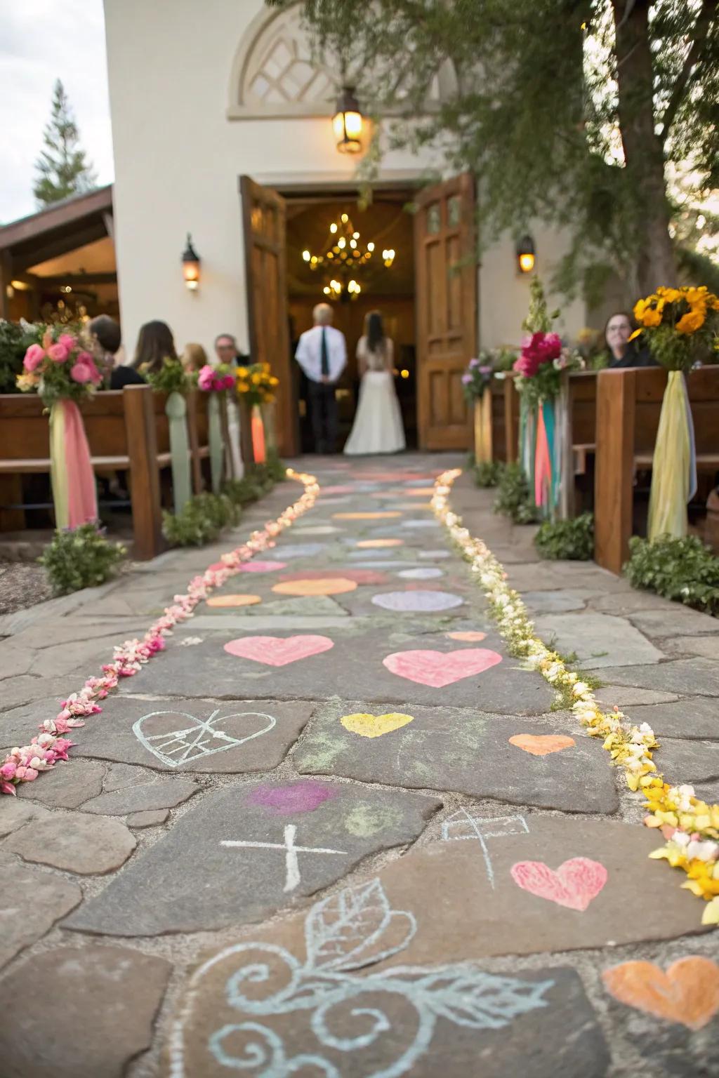 A whimsical aisle exhibiting vibrant chalk artwork for a playful impact.