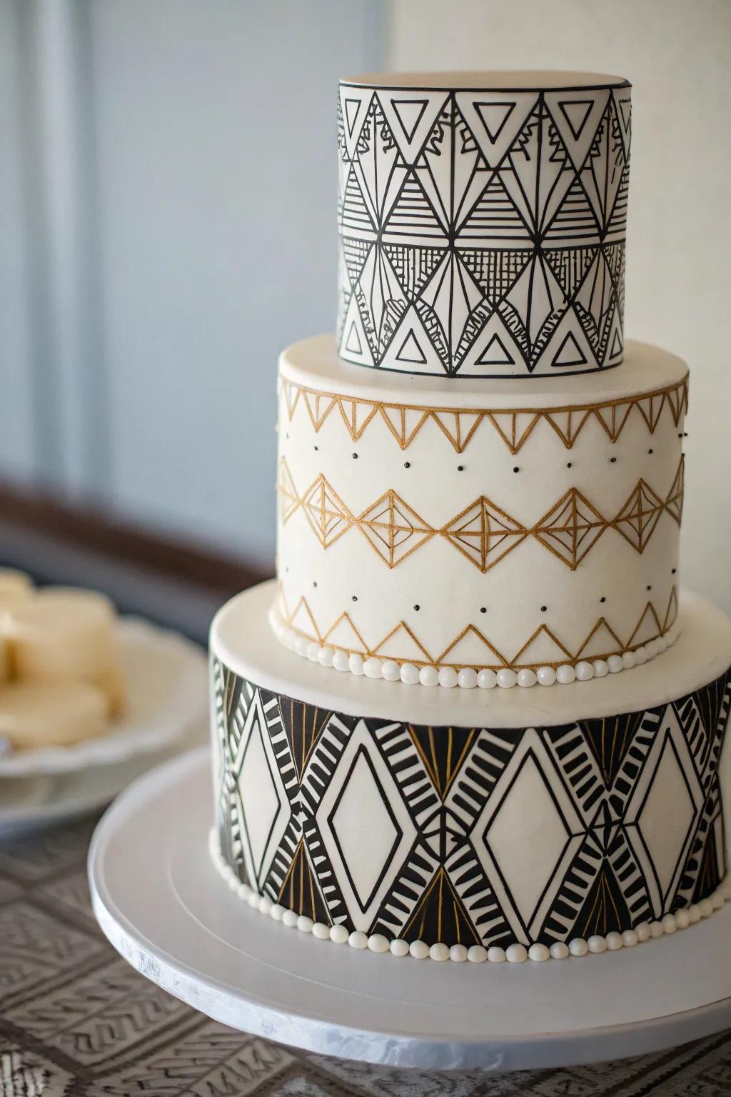 A wedding cake featuring geometric patterns for a modern twist.