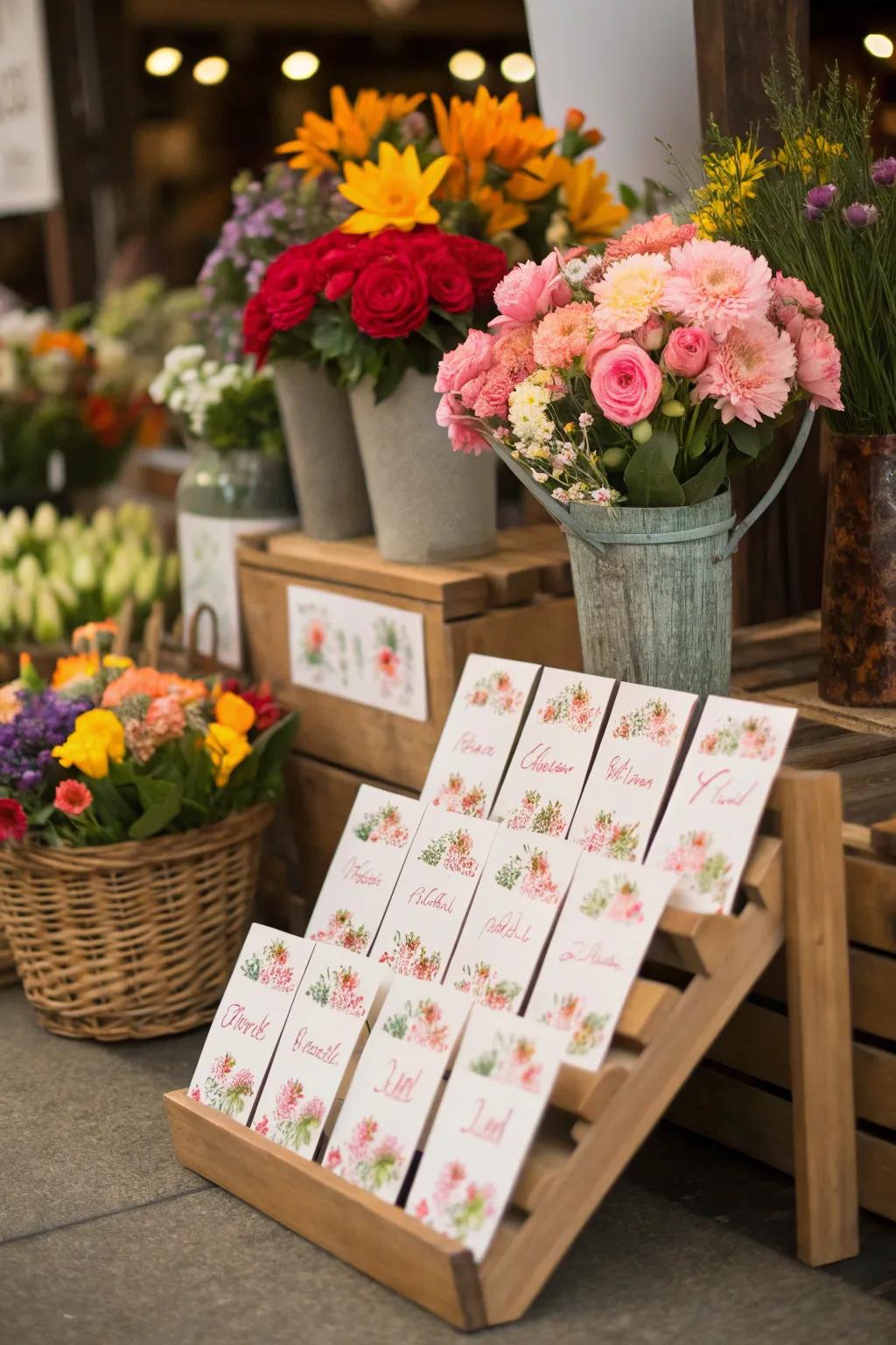A distinctive direction card display at a wedding, presenting a charming blossom marketplace motif.