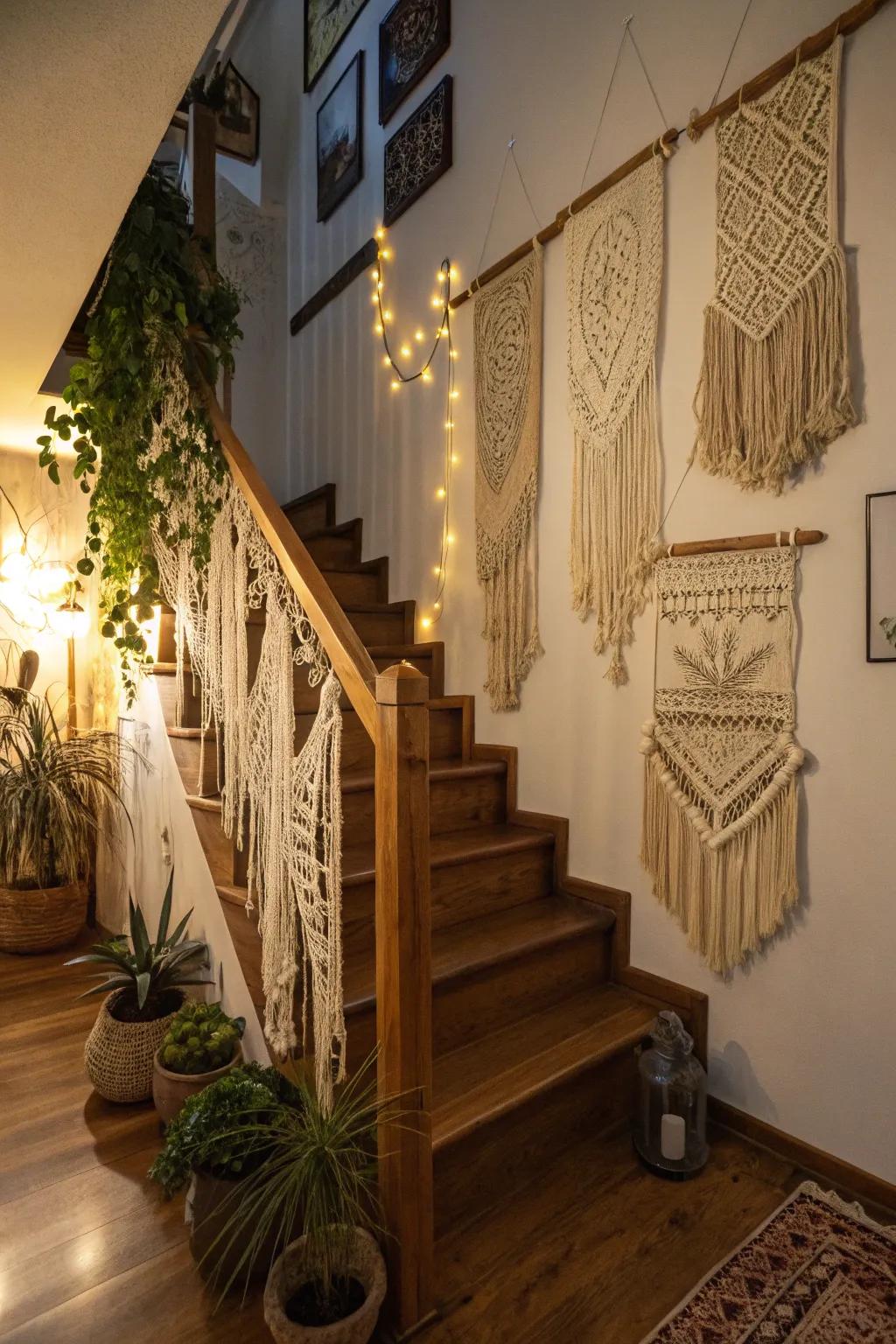 Bohemian elements contribute a relaxed and eclectic vibe to this stairway.