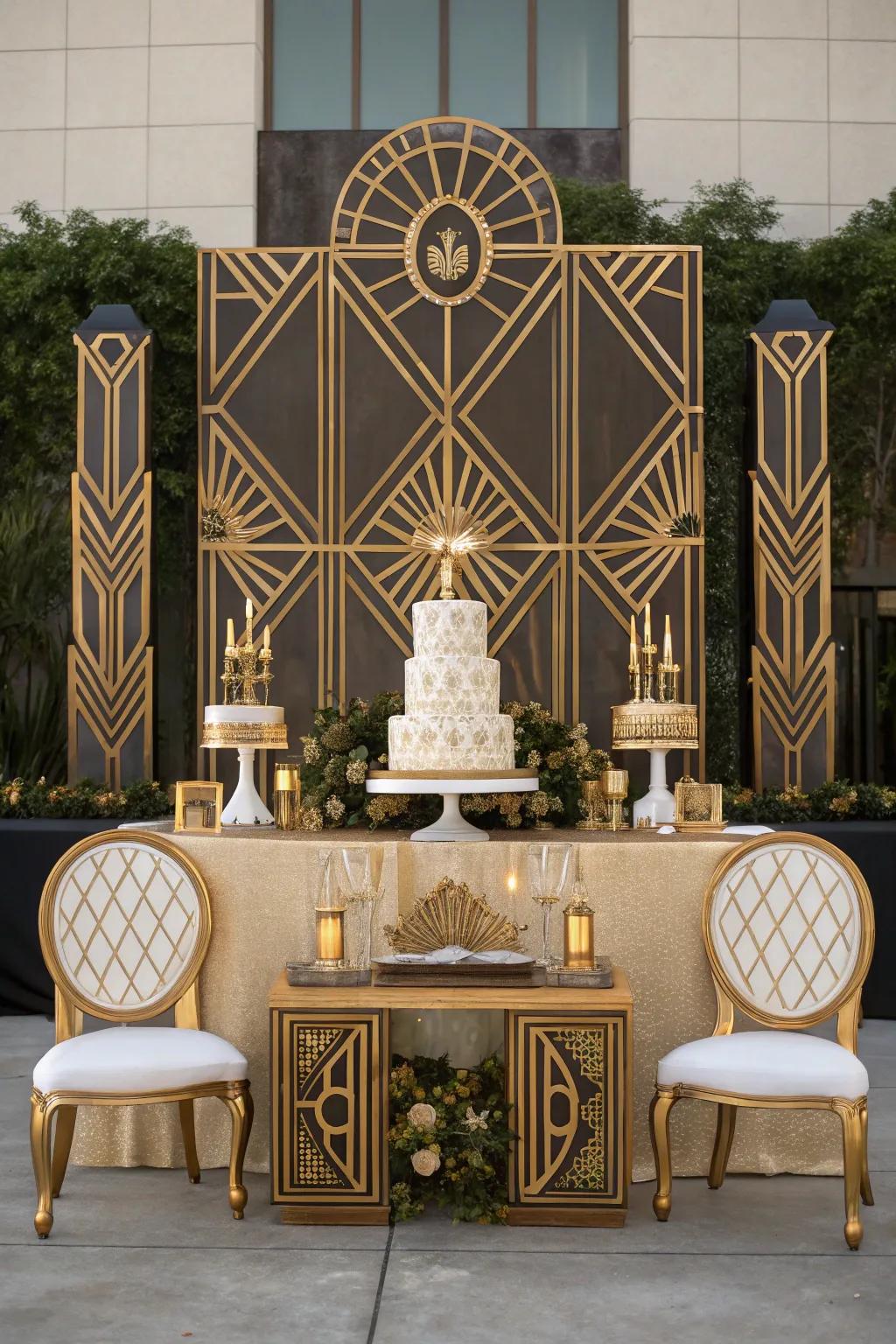 An art arrangement wedding theme with opulent details and bold patterns.