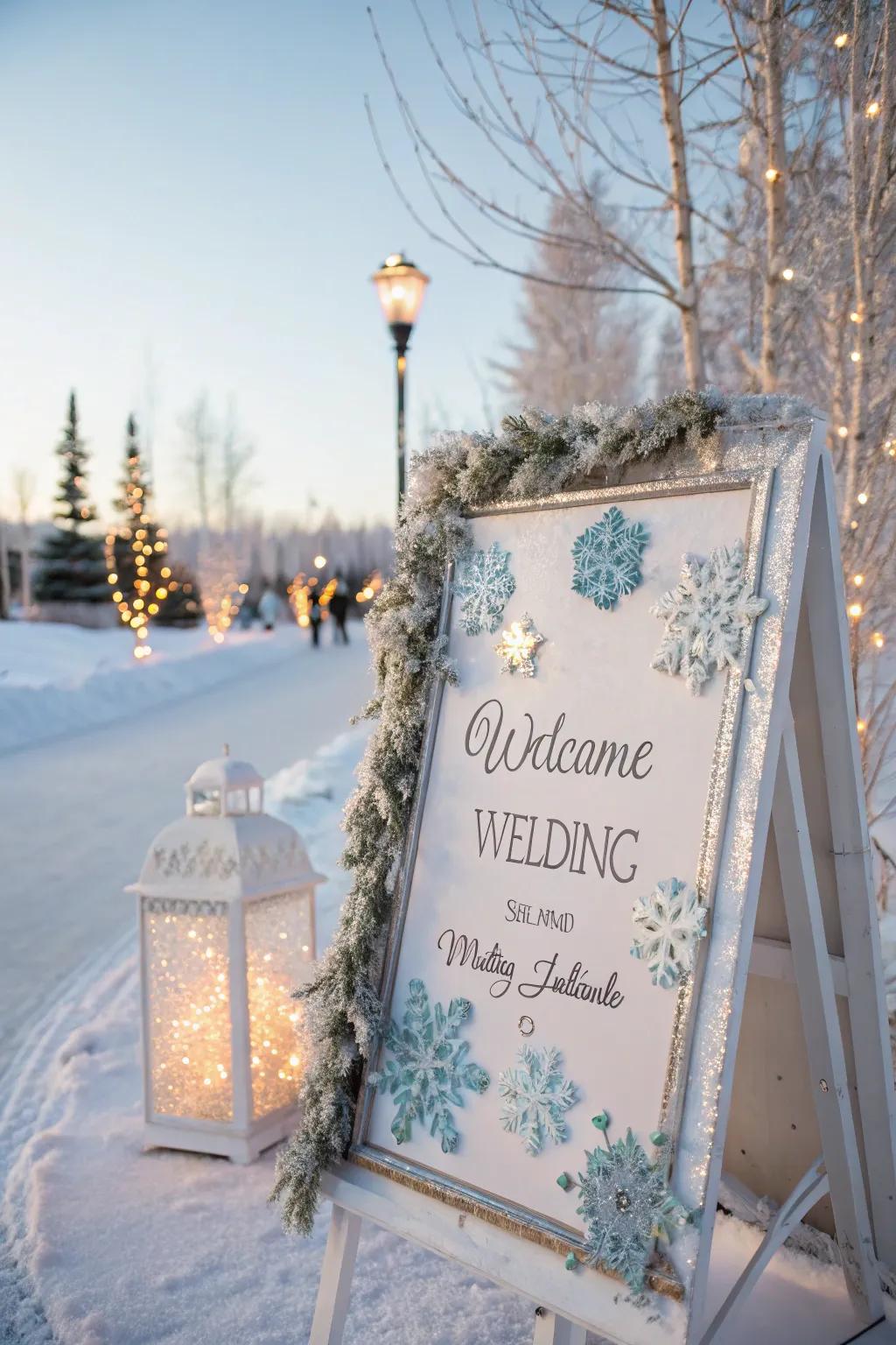 A theme-based welcome sign with snowflakes and glitter accents, ideal for a winter wedding.