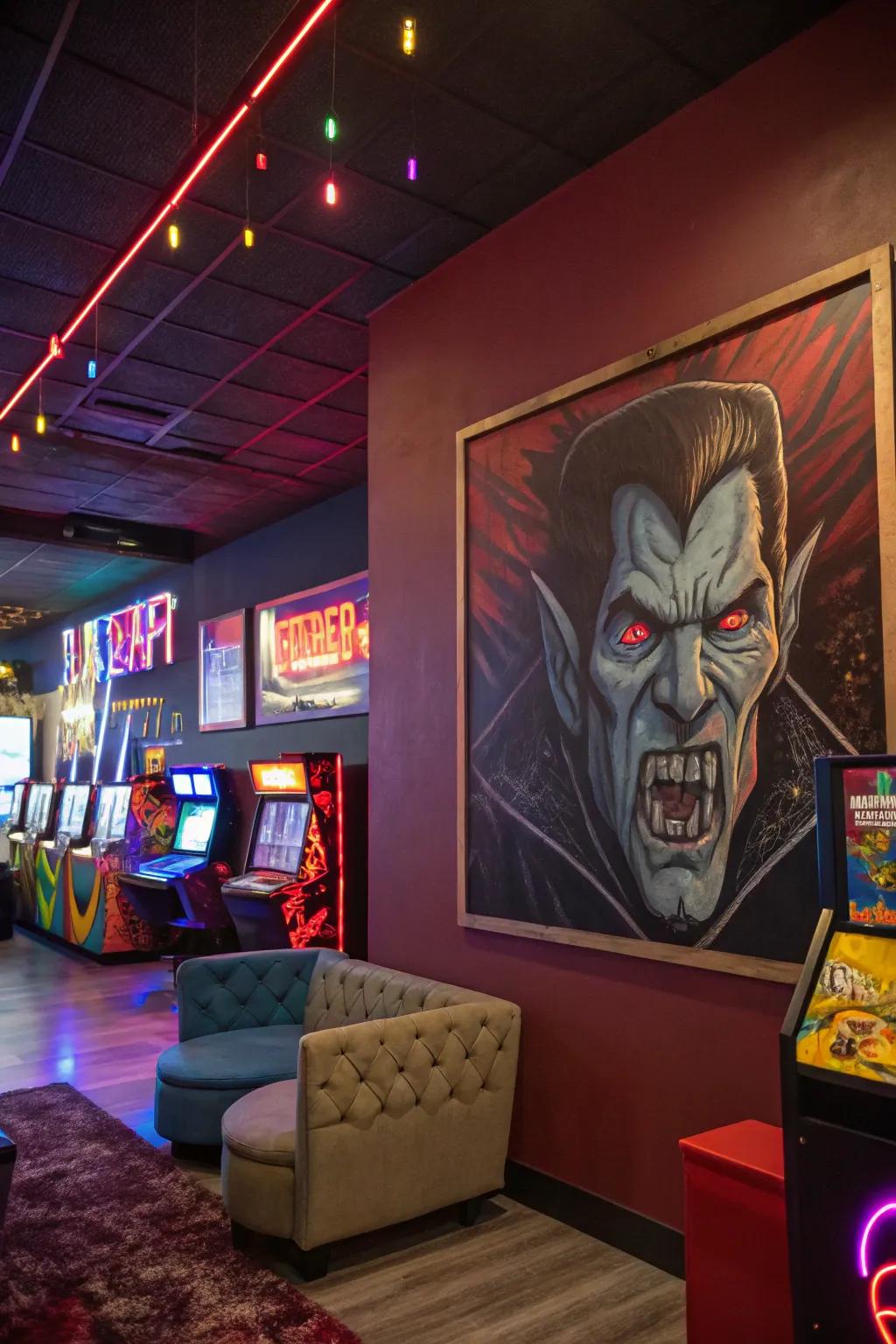 A ghoulish face art piece that contributes boldness to a dynamic gaming chamber.