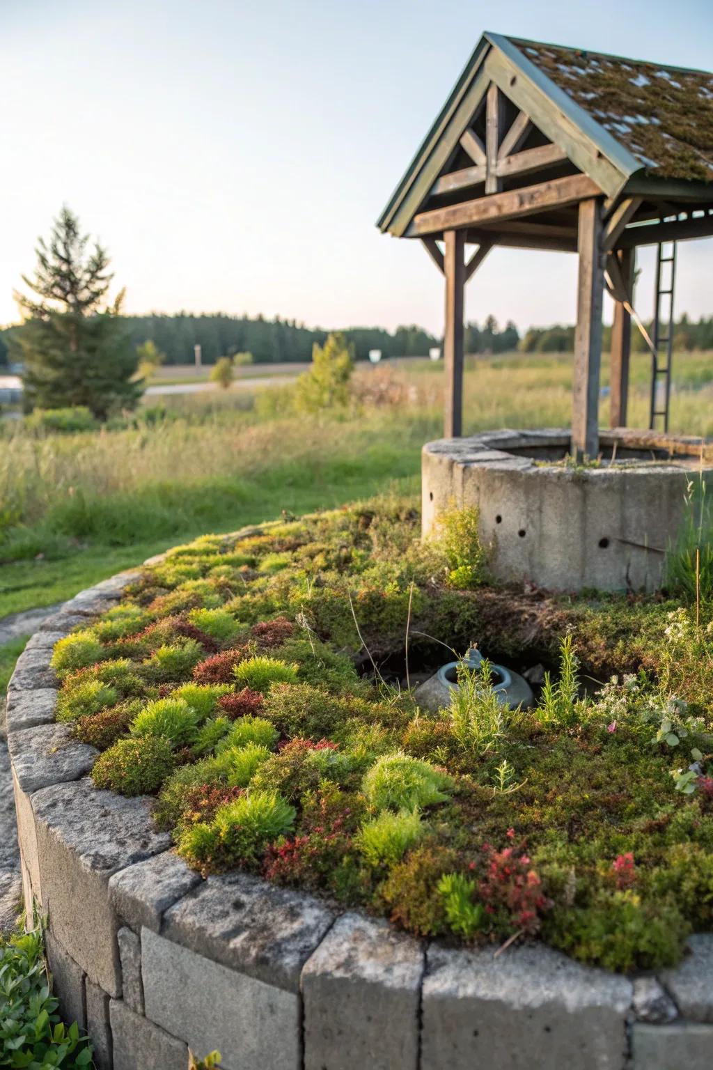 A verdant roof transforms this well cover into an eco-friendly marvel.