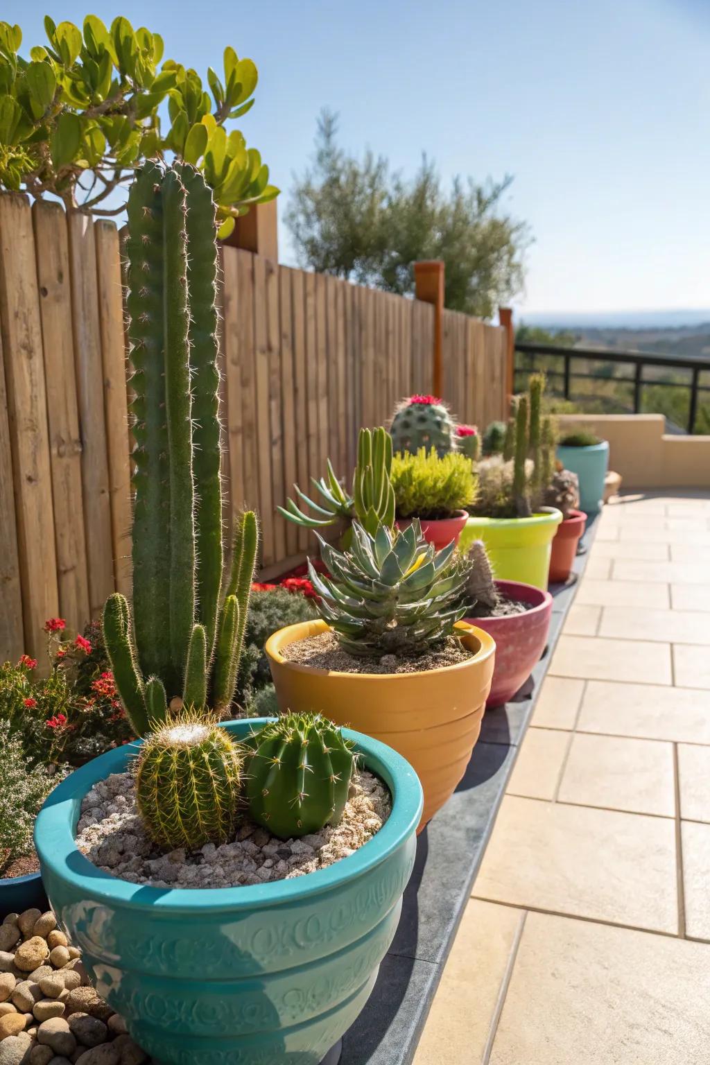 Thorny plants add a desert feel to the patio.