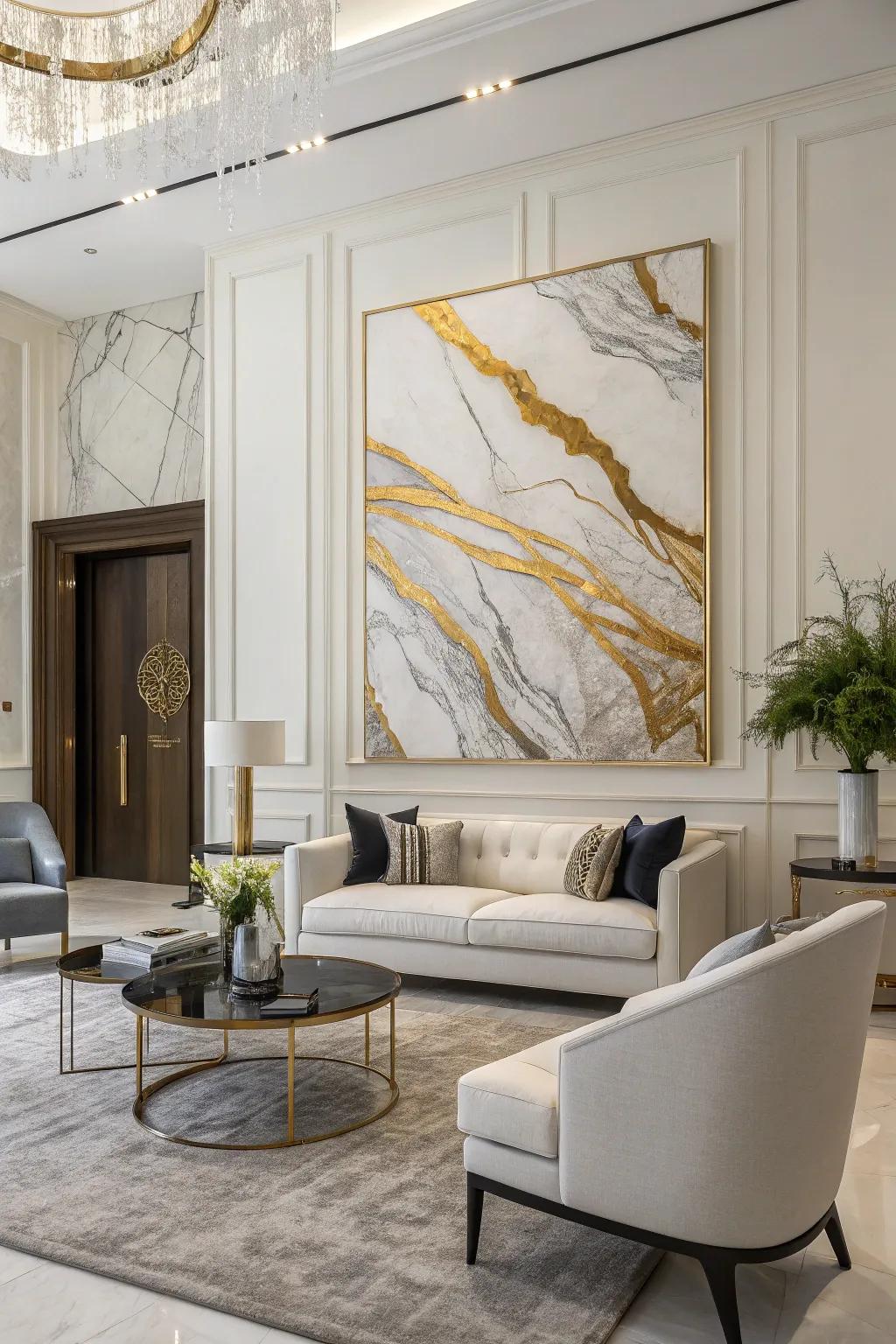 Abstract work done in ivory and gold brings a modern vibe.