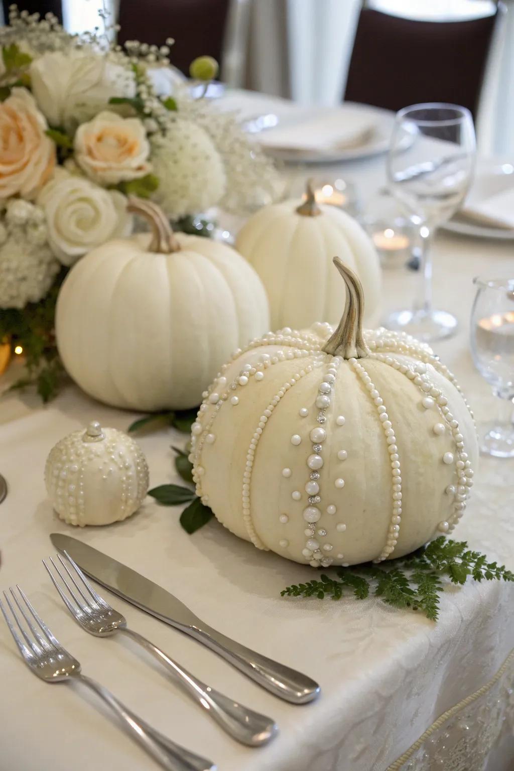 Pumpkins adorned with beads for a hint of luxury.