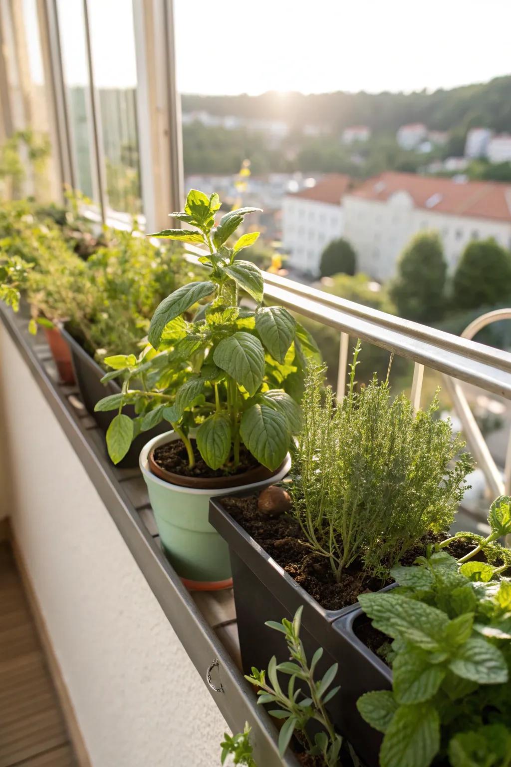 A flavorful corner exhibiting spearmint and spices within a window box